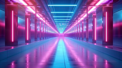 Fototapeta premium Futuristic Neon Corridor with Reflections of Pink and Blue Lights