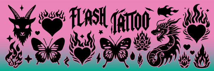 A set of tribal style flash tattoos with trendy graphic images of flames, ornaments, hearts, butterflies, goat and dragon heads and other designs.