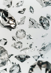 realistic diamond shapes of various sizes floating in the air on a white background.Minimal creative fashion jewelry concept.Flat lay