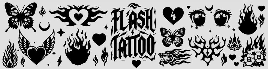 Set of emocore Y2K style flash tattoos with trendy graphic images of flames, ornaments, hearts, butterflies and other designs.