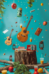 Naklejka premium Colorful composition of camping equipment, wood and steel firewood, books, plants, oil lanterns, marshmallows floating in the air, yellow guitar, turquoise background.Minimal creative rest concept.