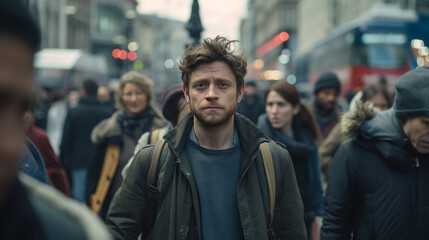 Obraz premium A man in his mid-30s with messy hair and stubble standing on the street surrounded by people walking to work in London in the early morning winter