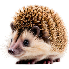 Close-up of an adorable hedgehog with a curious expression. The image highlights the hedgehog's sharp spines, small rounded ears, and dark, beady eyes