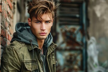 Obraz premium Stylish male model with striking features poses against a gritty urban backdrop