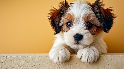 A cute brown and white puppy rests his paws on the edge of the concrete step and looks straight into the camera. Isolated on the yellow background