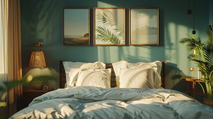 A cozy bedroom with two framed photos on the wall, perfect for home or office decoration