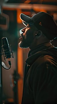 A budding rapper is in a soundproof studio recording a new song.
