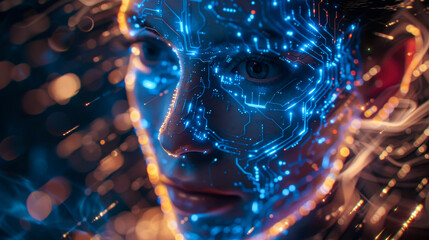 Human Face with Digital Circuit Overlay. A human face overlaid with intricate blue digital circuit patterns, symbolizing the integration of technology and human intelligence.