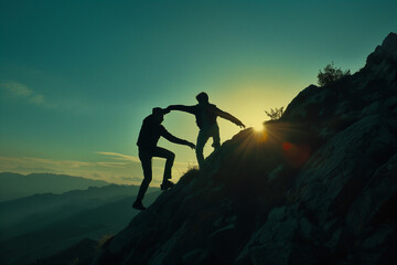 Silhouette of one person helping another up a mountain at sunrise or sunset.