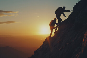 Silhouette of one person helping another up a mountain at sunrise or sunset.