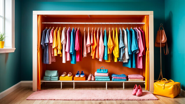 Colorful clothes hanging in rows in the closet. Color harmony of t-shirt, sweater, bag and shoes