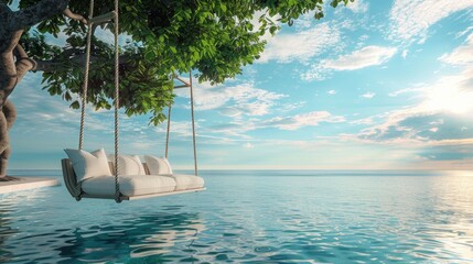 A colorful swing hangs from a tree overlooking a swimming pool, perfect for a fun summer day or a relaxing afternoon