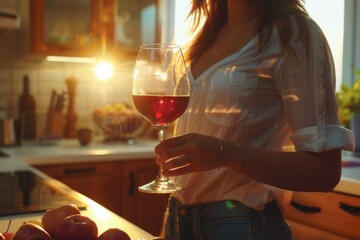 A woman holding a glass of wine in a warm and cozy kitchen setting, great for food and beverage related content