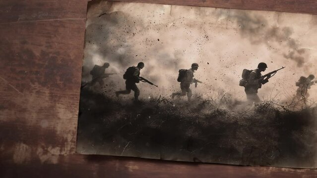 Epic sepia toned photograph with silhouettes of soldiers in profile running with helmets, bags and rifles across the battlefield at dusk to fulfill an attack mission, with smoke and explosions around
