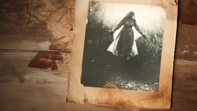 Old photograph of a Marian apparition, with the illuminated Virgin Mary floating in the air, levitating above the ground in a rural area. Miraculous paranormal phenomena with prophetic messages