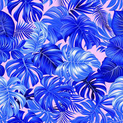 Exotic tropical design of blue monstera leaves on a pink background, concept for printing and textiles