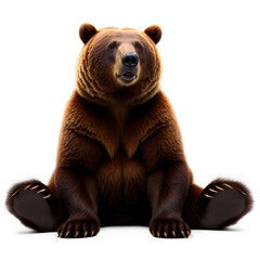 A striking image of a brown bear sitting upright, displaying its massive size and powerful build. The bear's rich, thick fur is meticulously detailed, showcasing shades of brown and a glossy texture