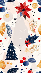 Stylish abstract pattern with Christmas decorations and toys on a trendy background