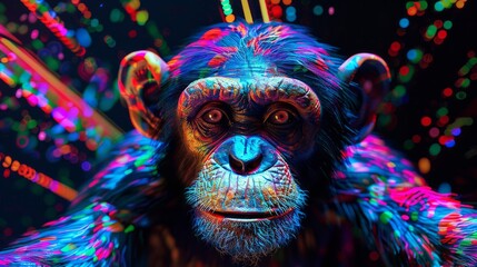 Vibrant Neon Chimpanzee Portrait Under Abstract Lights