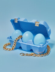 An egg carton made of blue porcelain with gold and diamond chains.Minimal creative food and fashion jewelry concept.Flat lay