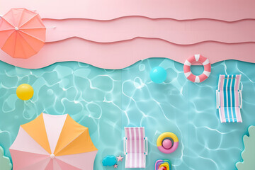  flat lay of a swimming pool with beach accessories against a pastel pink background.Minimal creative summer vacation concept.