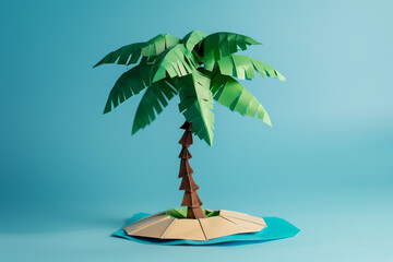 A simple palm tree with green leaves at the top and brown trunk at its base. A 3D paper illustration of an island in a blue background.