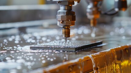 A machine is cutting a piece of metal with a drill