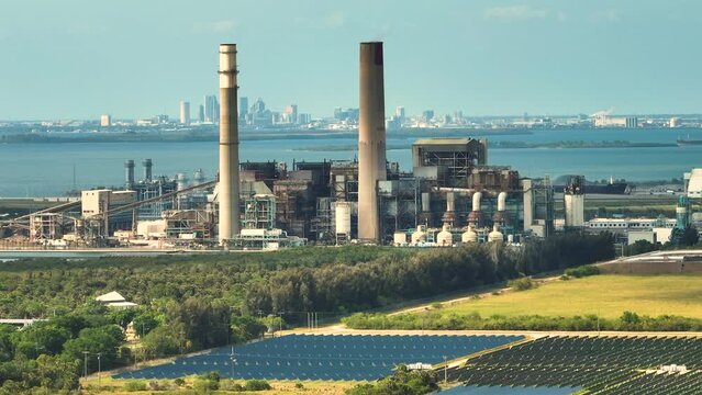 Aerial view of solar photovoltaic panels at Big Bend Power Station in Apollo Beach near Tampa, Florida. Transition from fossil to sustainable fuel for electrical energy production