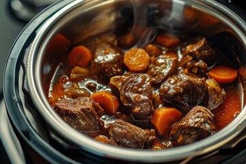A close-up view of a pot of stew with carrots, perfect for illustrating recipes or cooking concepts