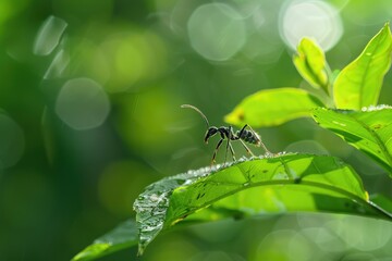 A small insect perched on the edge of a green leaf, possibly gathering energy or taking a break