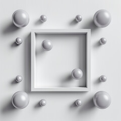 White square frame on a white background with gray colored balls, in the style of minimalism, in a flat lay,minimal creative advertise concept.