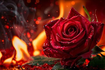 Red rose flower on fire dark background
