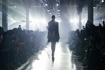 Silhouette of a model walking the catwalk at a fashion show with an audience and bright lights