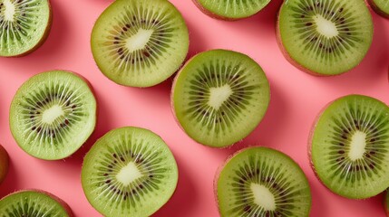 Fototapeta premium Fresh Kiwi Slices Pattern on Pink Background: Vibrant and Refreshing