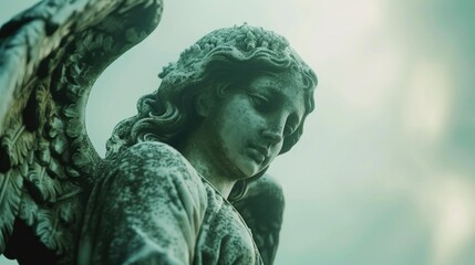 A close-up view of a beautiful statue of an angel, perfect for use in illustrations, decorations, or inspirational themes