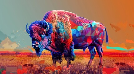 Obraz premium Geometric Bison in Vivid Field - Abstract Digital Art with Bold Colors and Modern Style
