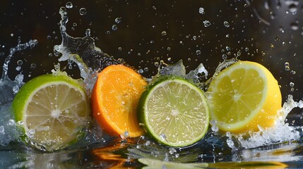 Juice splash lemon, orange, lime set. Citrus splashig fresh collection realistic vector.