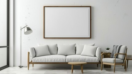 Frame mockup, Living room interior wall in bright tones.