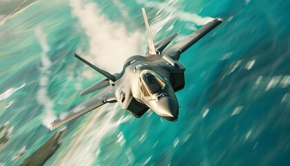 Naklejka premium Warplane in Action Over the Sea, Aerial Dominance, Combat Aircra