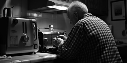 A senior citizen preparing a meal at home, possibly with family or friends - Powered by Adobe