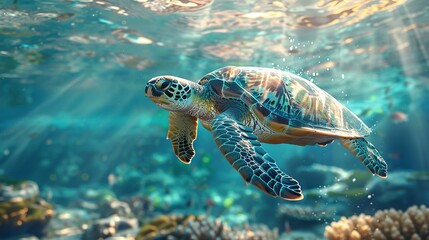 Fototapeta premium Vibrant Underwater Scene with Majestic Sea Turtle Gliding Through Pristine Ocean Waters