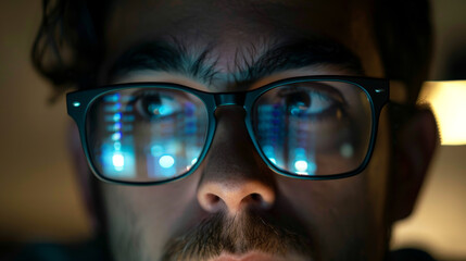 A man with glasses is looking at a computer screen