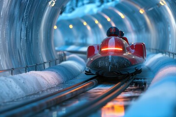 A person rides a snowmobile through a dark tunnel, no creative additions