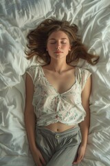 Fototapeta premium A person lying down on a bed with their eyes closed, possibly sleeping or relaxing
