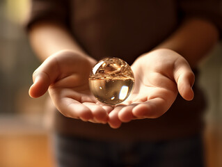 Children's hands holding a crystal ball, a drop of water, warm lighting, AI Generation