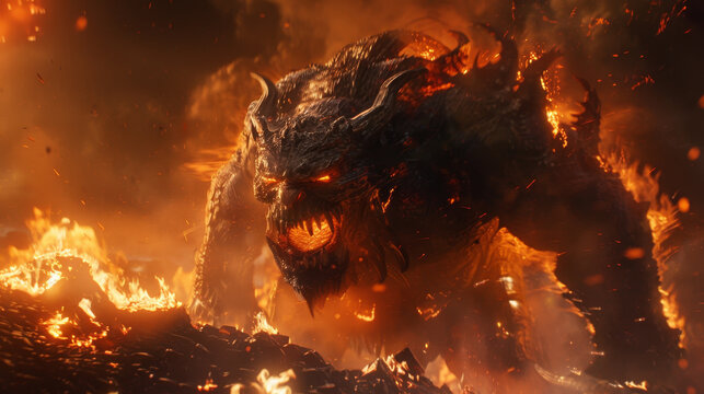 A monster with red eyes and a mouth full of fire is shown in a fiery landscape