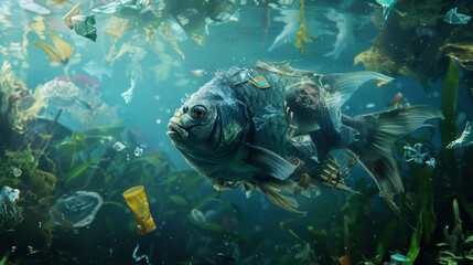 Obraz premium A fish is swimming in a murky, polluted ocean