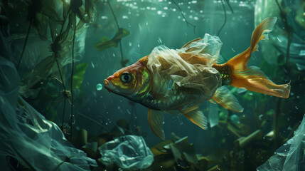 Naklejka premium A fish is swimming in a murky, plastic-filled ocean