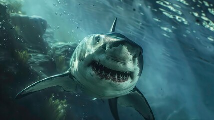 shot white water underwater surface shark great wildlife ocean sea fish blue island swimming under fin diving teeth risk predator aqualung big beautiful life nature pacific