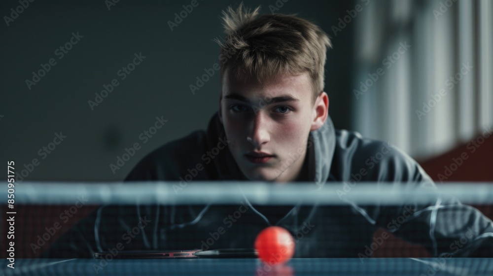 Wall mural a young man playing ping pong with determination and focus